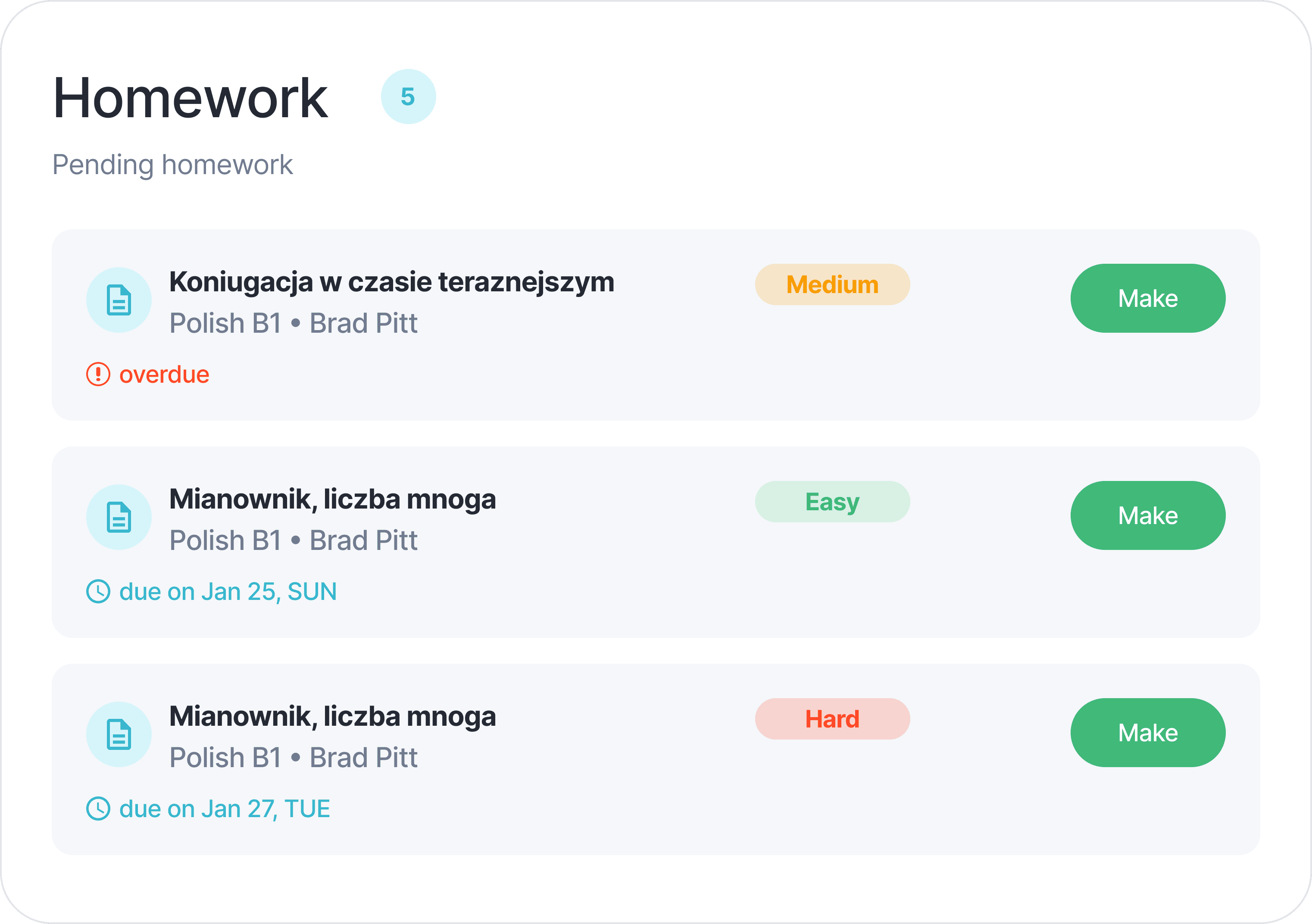 Homework practice dashboard