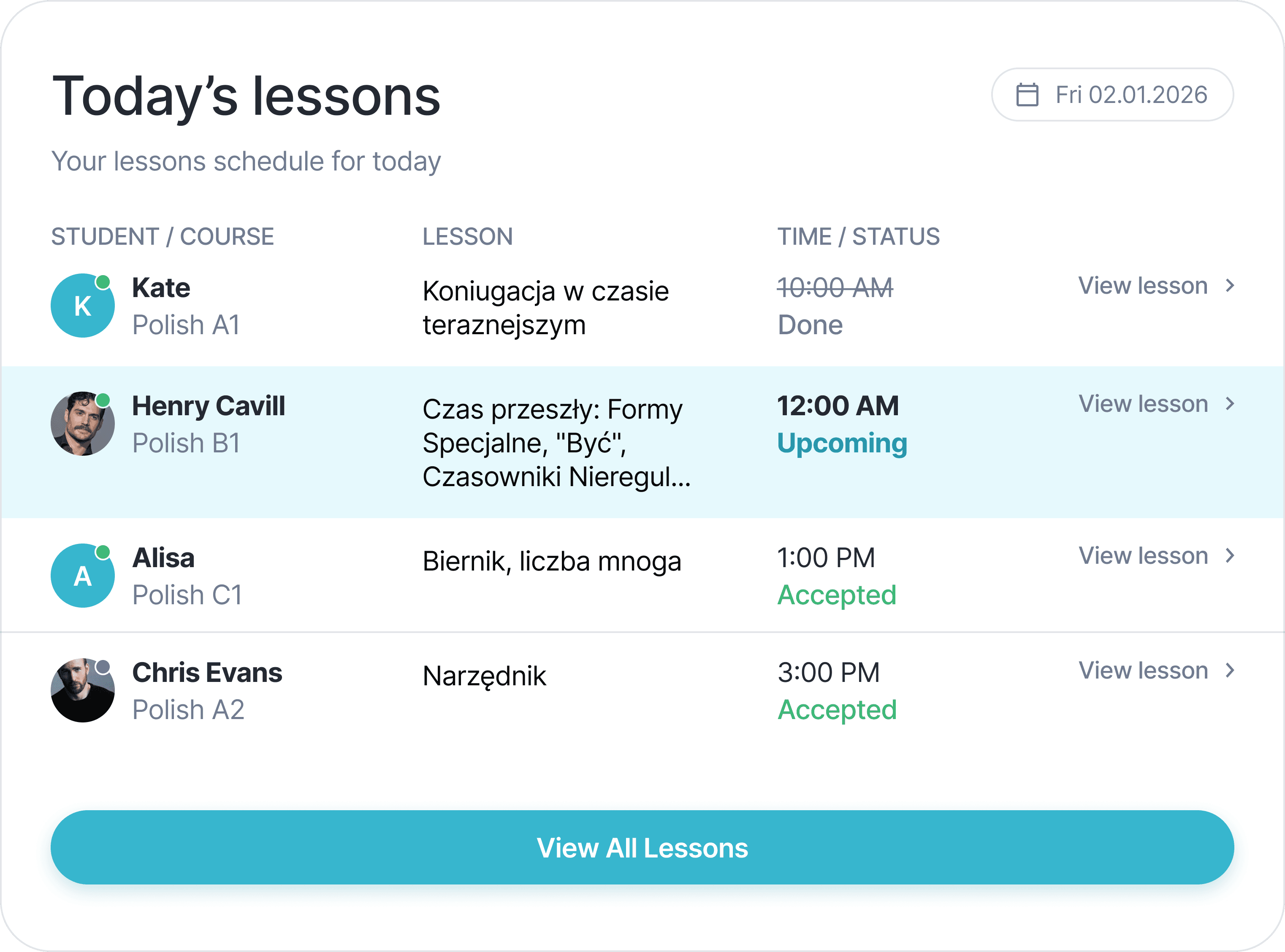 Today's lessons dashboard